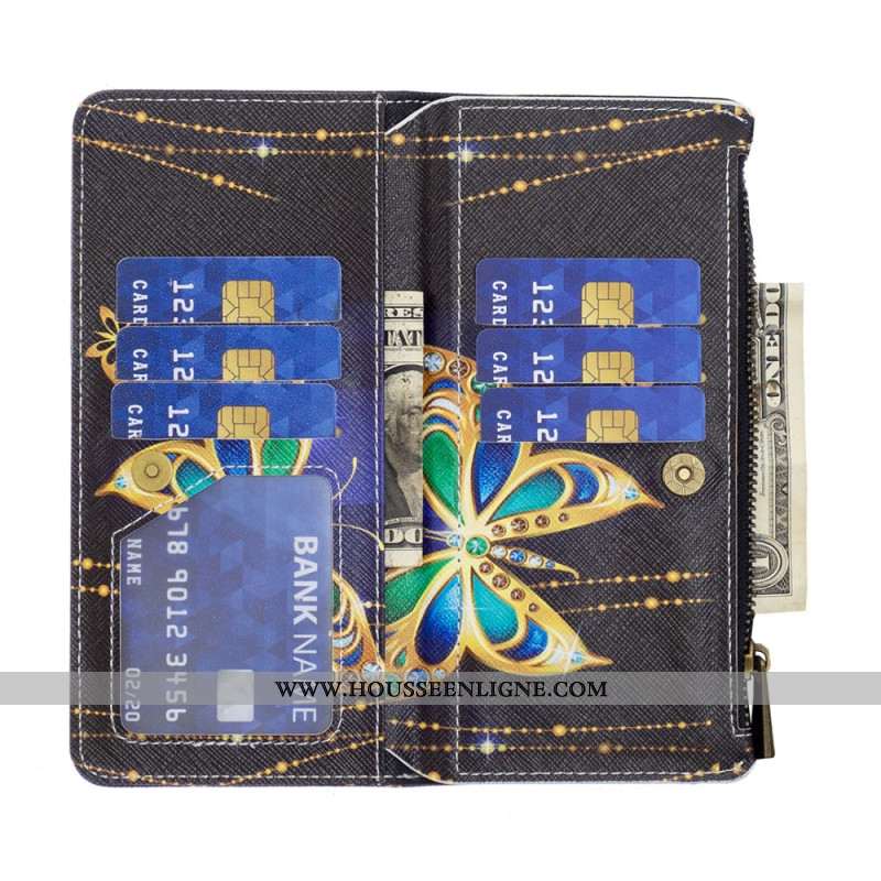 Housse Xiaomi Redmi Note 13 5G Portefeuille Papillon Strass à Lanière