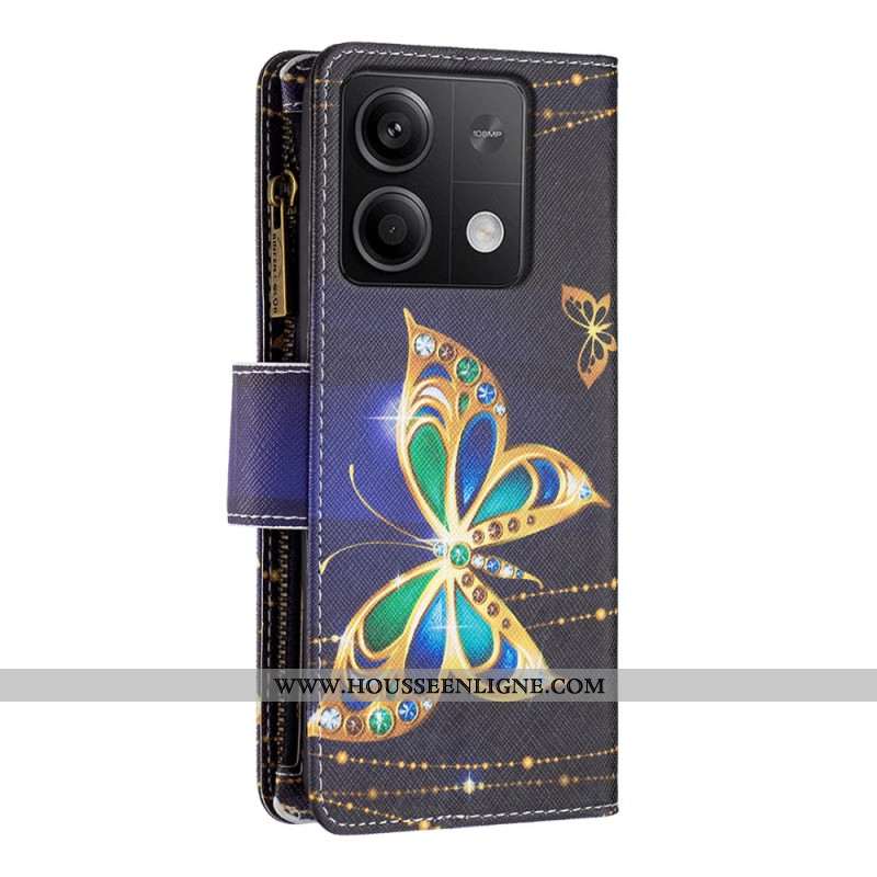 Housse Xiaomi Redmi Note 13 5G Portefeuille Papillon Strass à Lanière