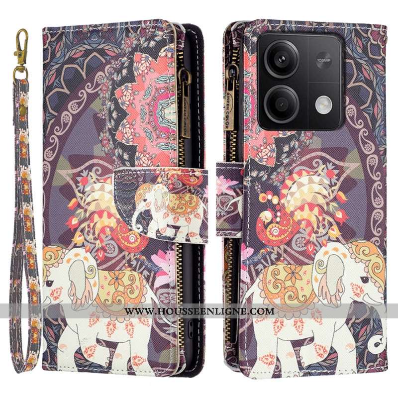 Housse Xiaomi Redmi Note 13 5G Portefeuille Éléphant Indien à Lanière