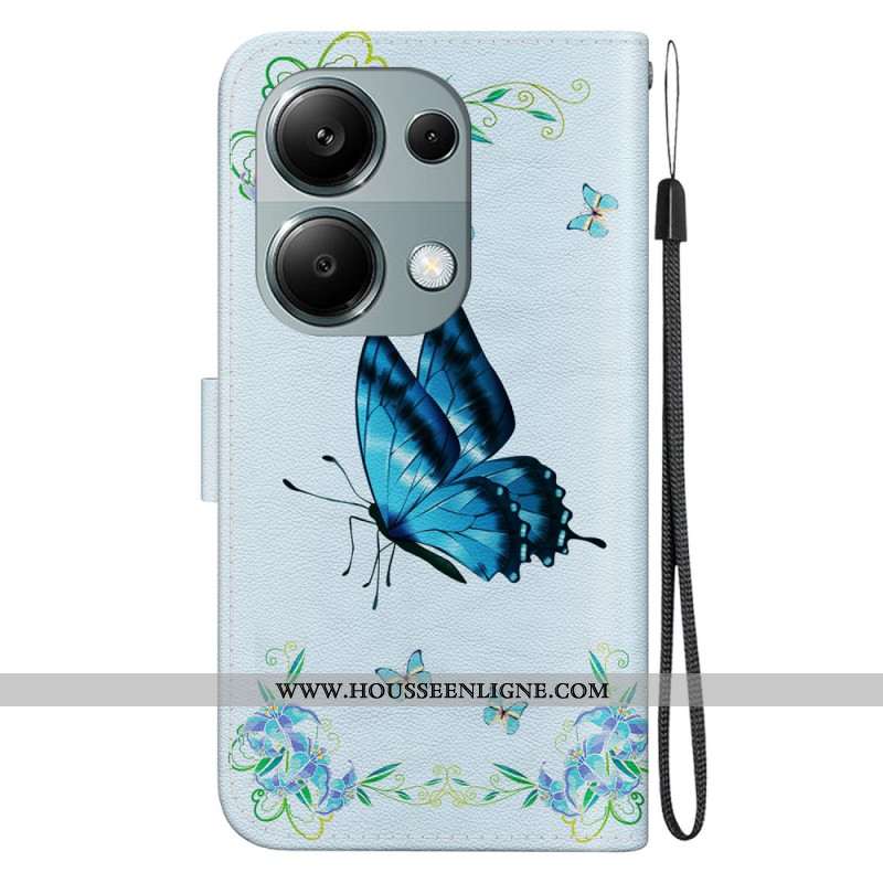 Housse Xiaomi Redmi Note 13 Pro 4G / Poco M6 Pro 4G Papillon Bleu et Fleurs à Lanière