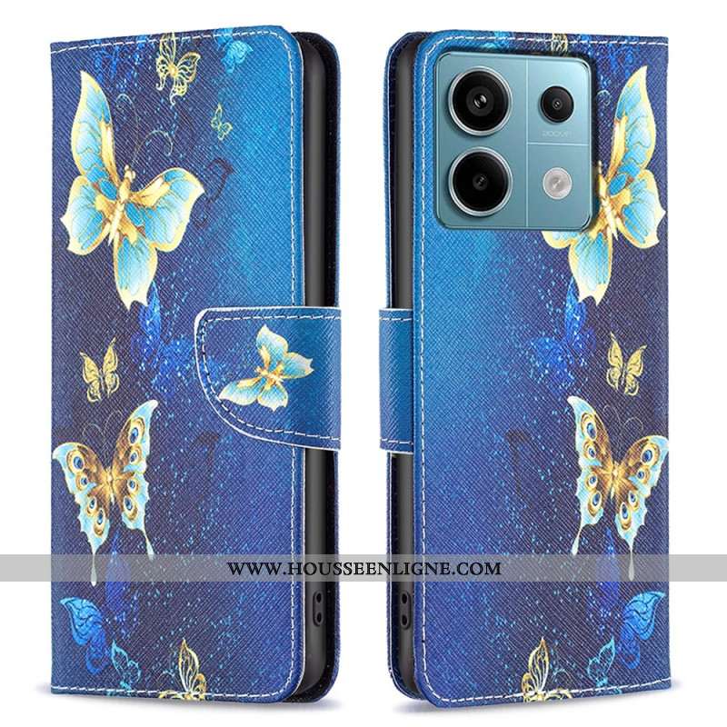 Housse Xiaomi Redmi Note 13 Pro 4G / Poco M6 Pro 4G Papillons Dorés sur Fond Bleu