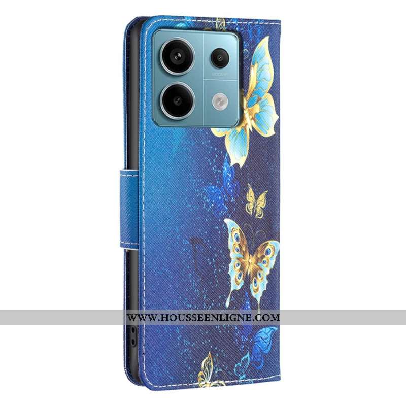 Housse Xiaomi Redmi Note 13 Pro 4G / Poco M6 Pro 4G Papillons Dorés sur Fond Bleu