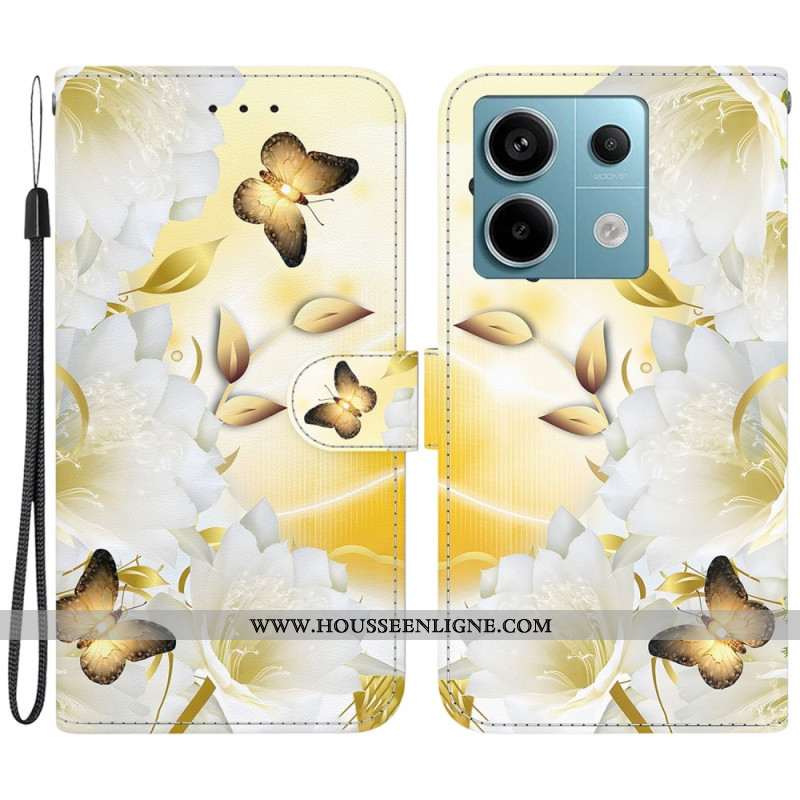 Housse Xiaomi Redmi Note 13 Pro 5G / Poco X6 5G Papillons Dorés et Fleurs Blanches à Lanière