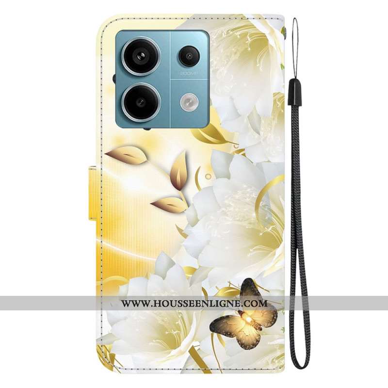 Housse Xiaomi Redmi Note 13 Pro 5G / Poco X6 5G Papillons Dorés et Fleurs Blanches à Lanière