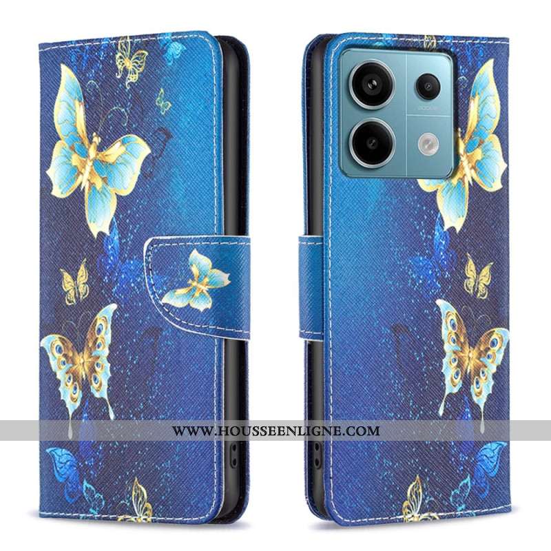 Housse Xiaomi Redmi Note 13 Pro 5G / Poco X6 5G Papillons Dorés sur Fond Bleu