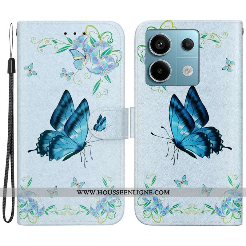 Housse Xiaomi Redmi Note 13 Pro 5G / Poco X6 5G Papillons et Fleurs Bleus à Lanière