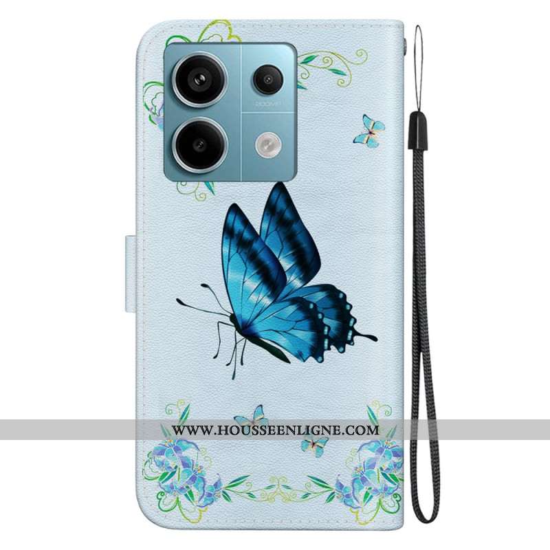 Housse Xiaomi Redmi Note 13 Pro 5G / Poco X6 5G Papillons et Fleurs Bleus à Lanière