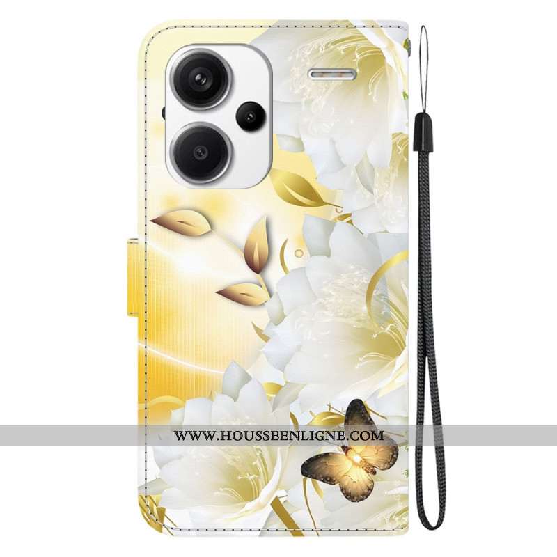 Housse Xiaomi Redmi Note 13 Pro Plus 5G Papillons Dorés et Fleurs Blanches à Lanière