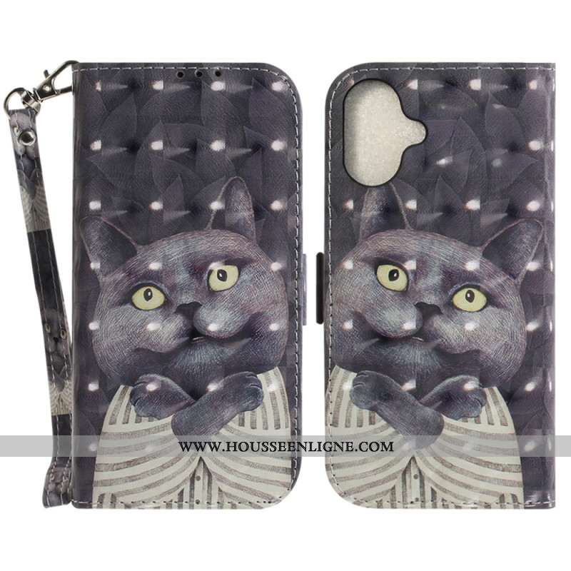 Housse iPhone 16 Cat Gris à Lanière