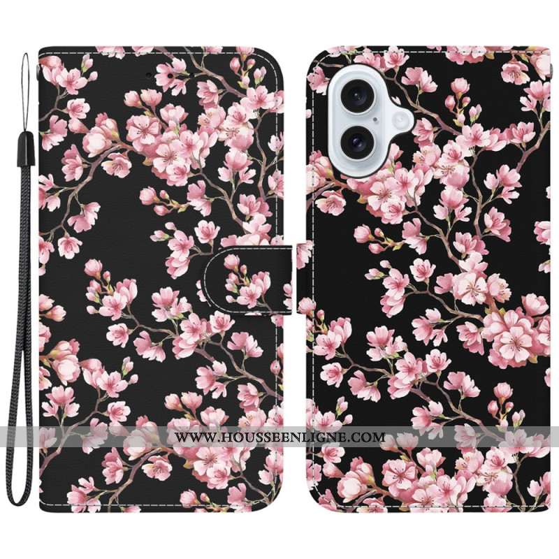 Housse iPhone 16 Fleurs de Prunier à Lanière