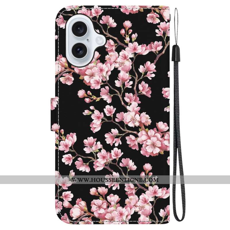 Housse iPhone 16 Fleurs de Prunier à Lanière