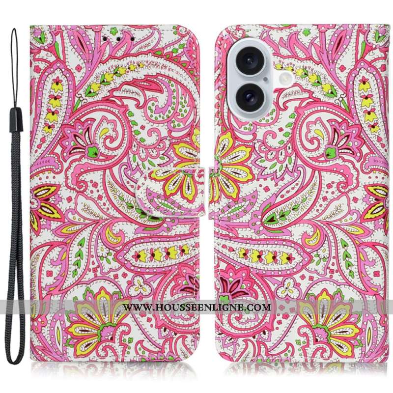 Housse iPhone 16 Motif Floral à Lanière