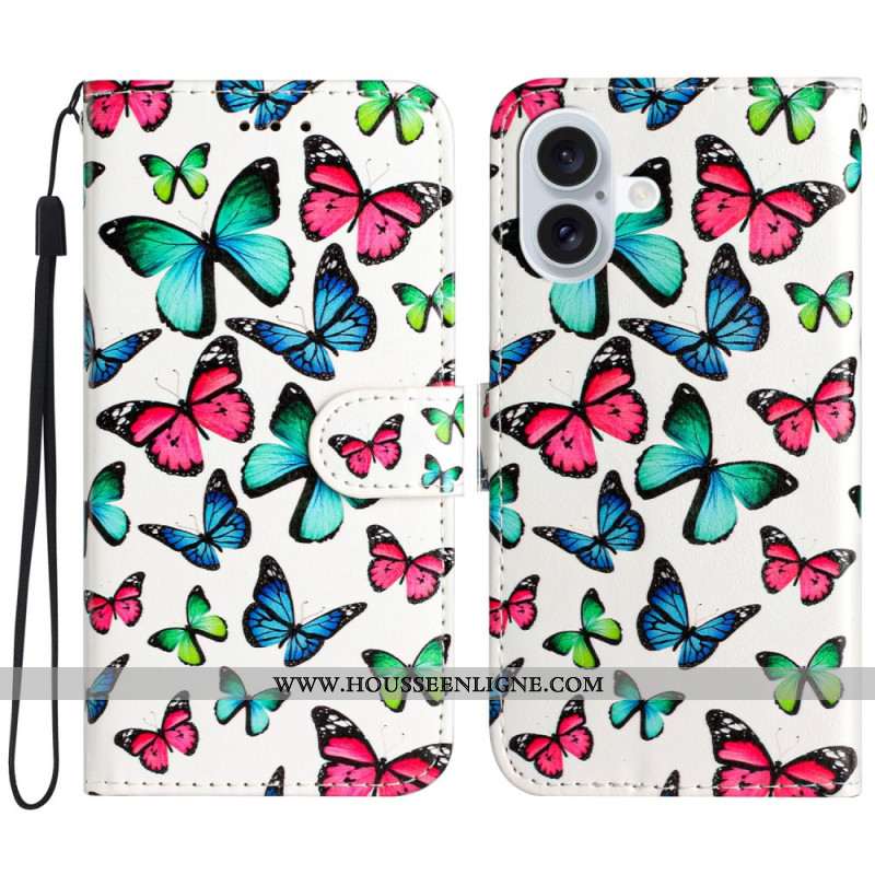 Housse iPhone 16 Motif Papillons à Lanière