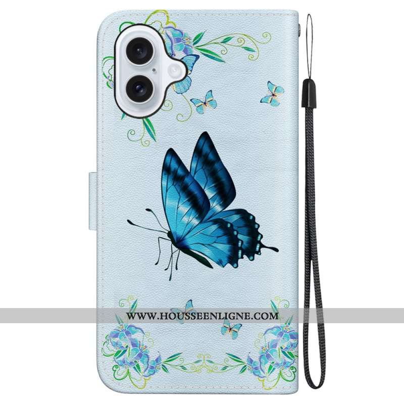 Housse iPhone 16 Papillon Bleu et Fleurs à Lanière