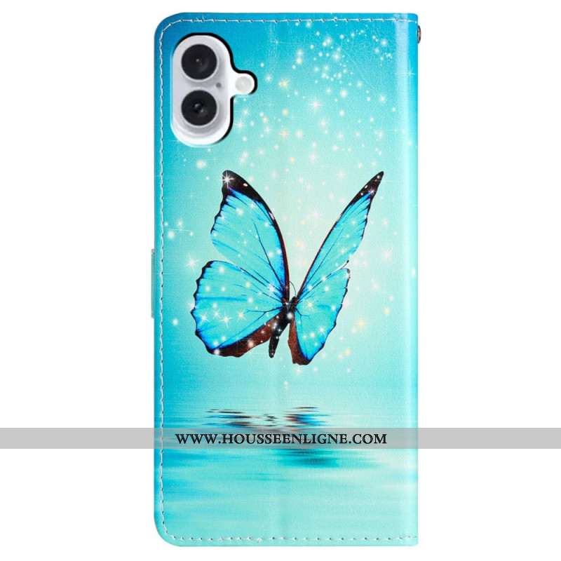 Housse iPhone 16 Papillon Bleu à Lanière