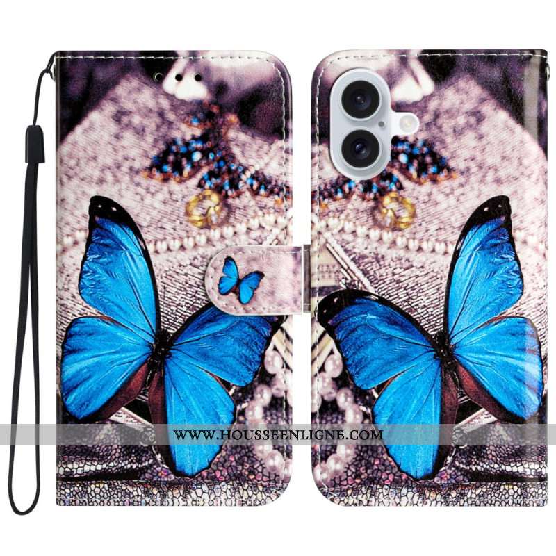 Housse iPhone 16 Papillon Bleu à Lanière