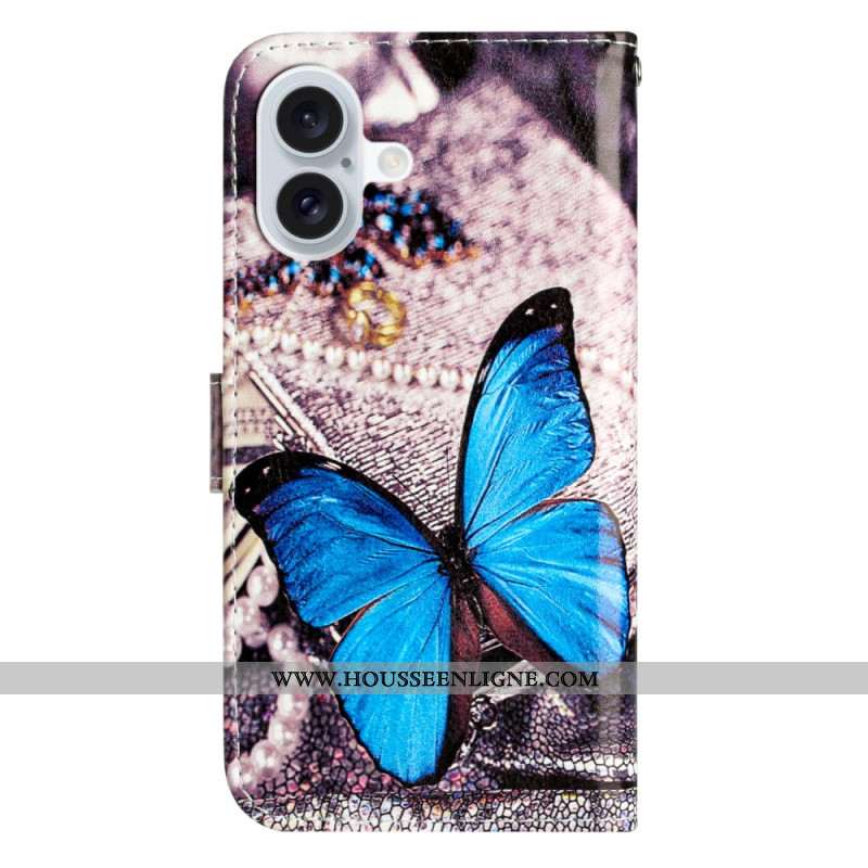 Housse iPhone 16 Papillon Bleu à Lanière