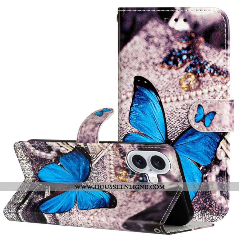 Housse iPhone 16 Papillon Bleu à Lanière