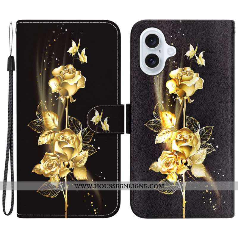 Housse iPhone 16 Papillon Doré et Roses à Lanière