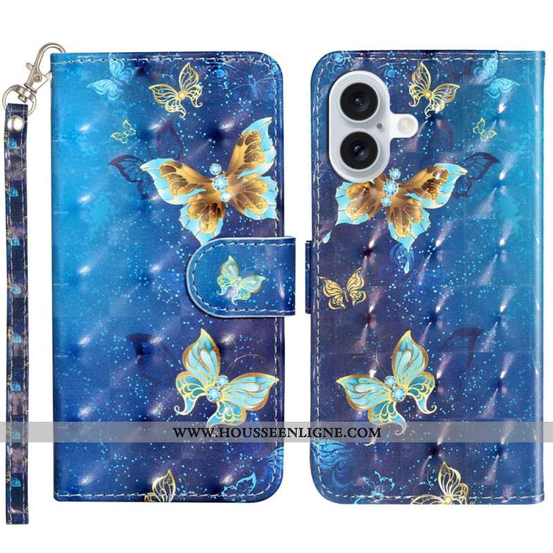 Housse iPhone 16 Papillons Bleus et Dorés à Lanière