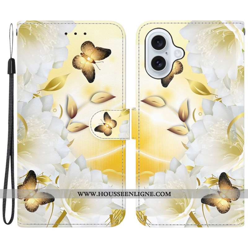 Housse iPhone 16 Papillons Dorés et Fleurs Blanches à Lanière