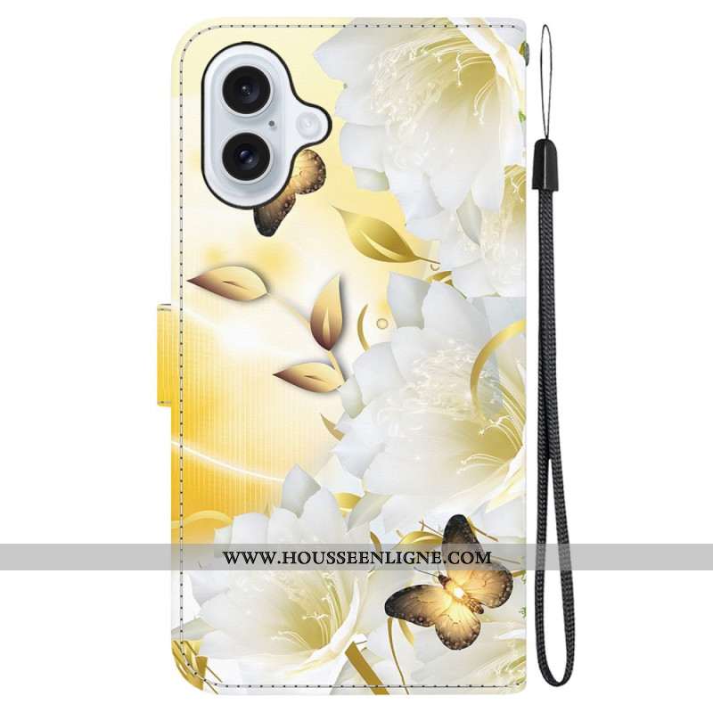 Housse iPhone 16 Papillons Dorés et Fleurs Blanches à Lanière