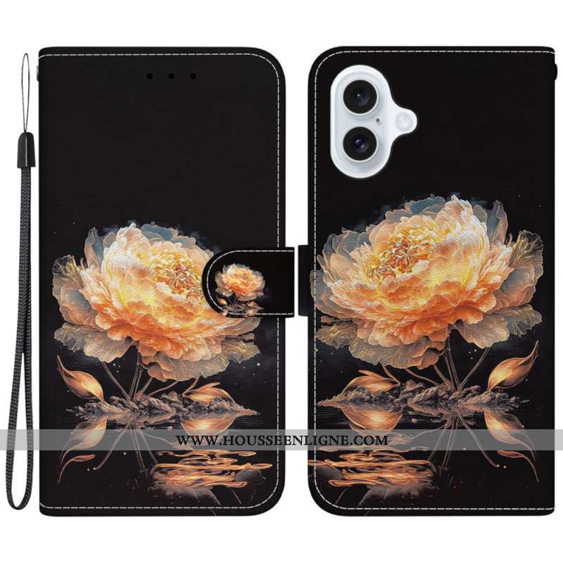 Housse iPhone 16 Pivoine Dorée à Lanière