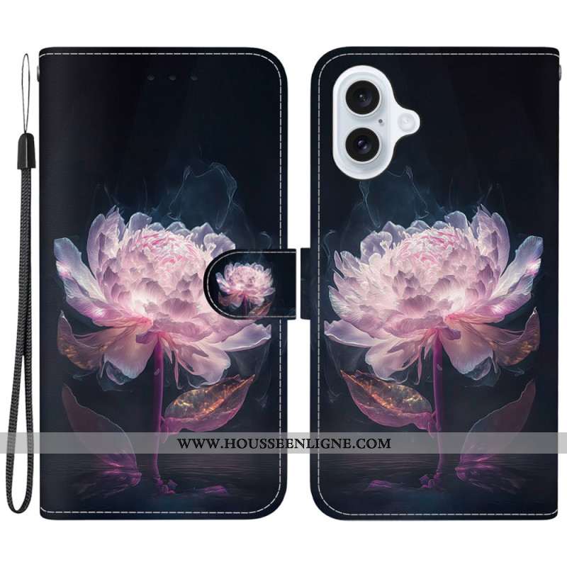 Housse iPhone 16 Pivoine Pourpre à Lanière