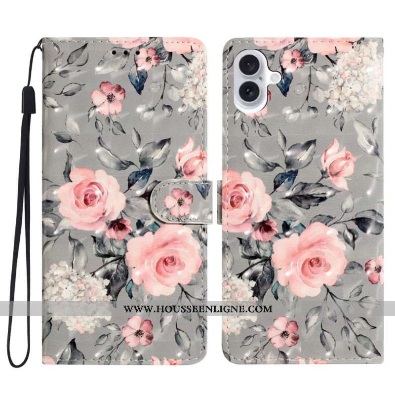 Housse iPhone 16 Plus Fleurs Roses à Lanière