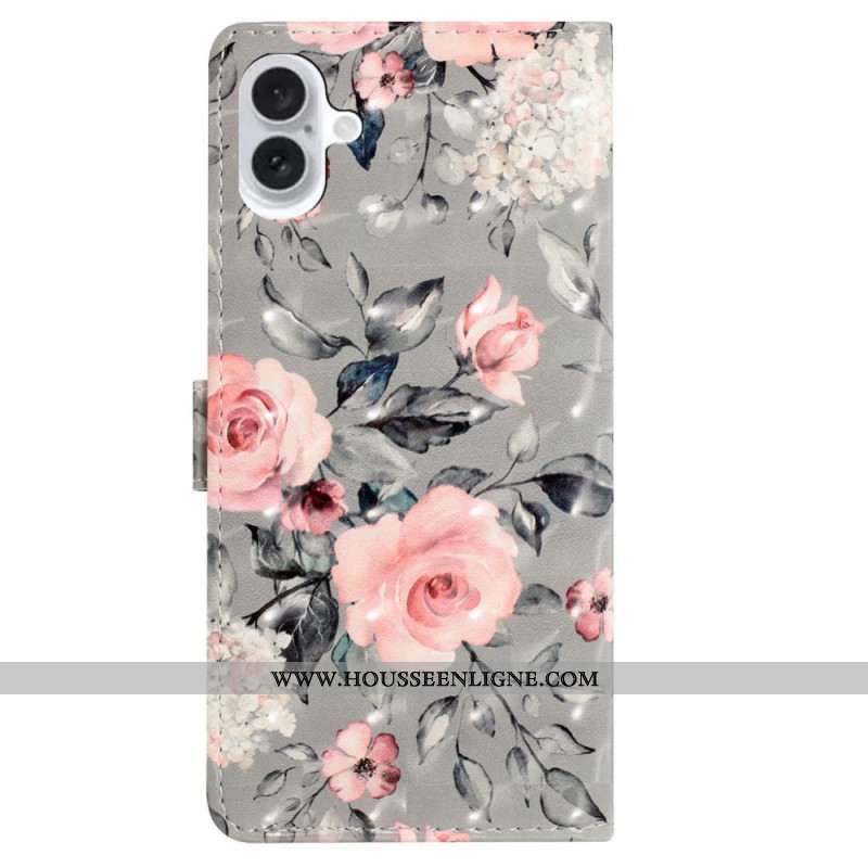 Housse iPhone 16 Plus Fleurs Roses à Lanière