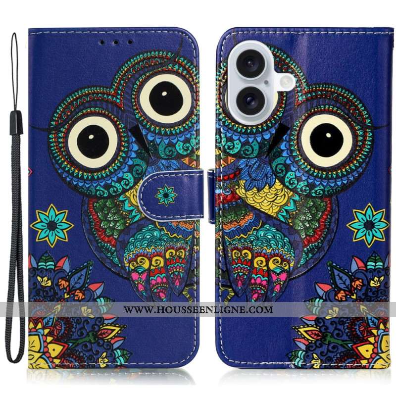 Housse iPhone 16 Plus Hibou Bleu à Lanière