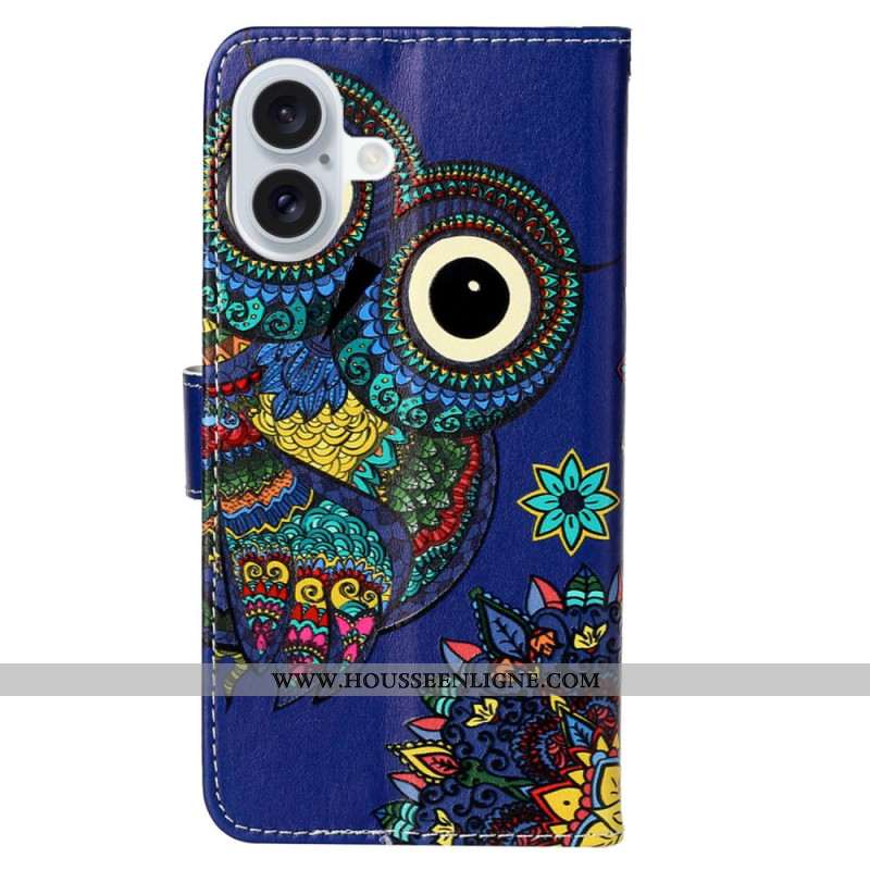 Housse iPhone 16 Plus Hibou Bleu à Lanière