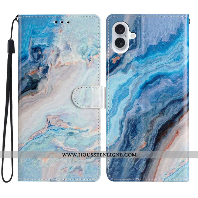 Housse iPhone 16 Plus Marbre Bleu à Lanière