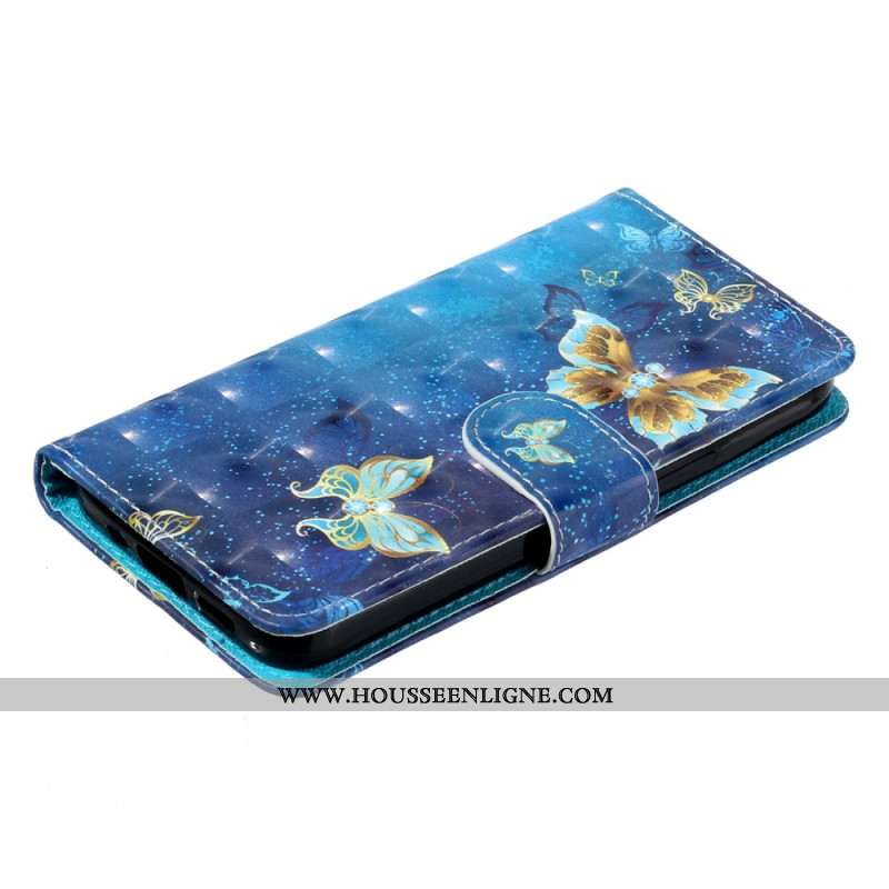 Housse iPhone 16 Plus Papillons Bleus Dorés à Lanière