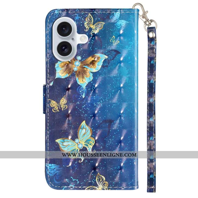 Housse iPhone 16 Plus Papillons Bleus Dorés à Lanière