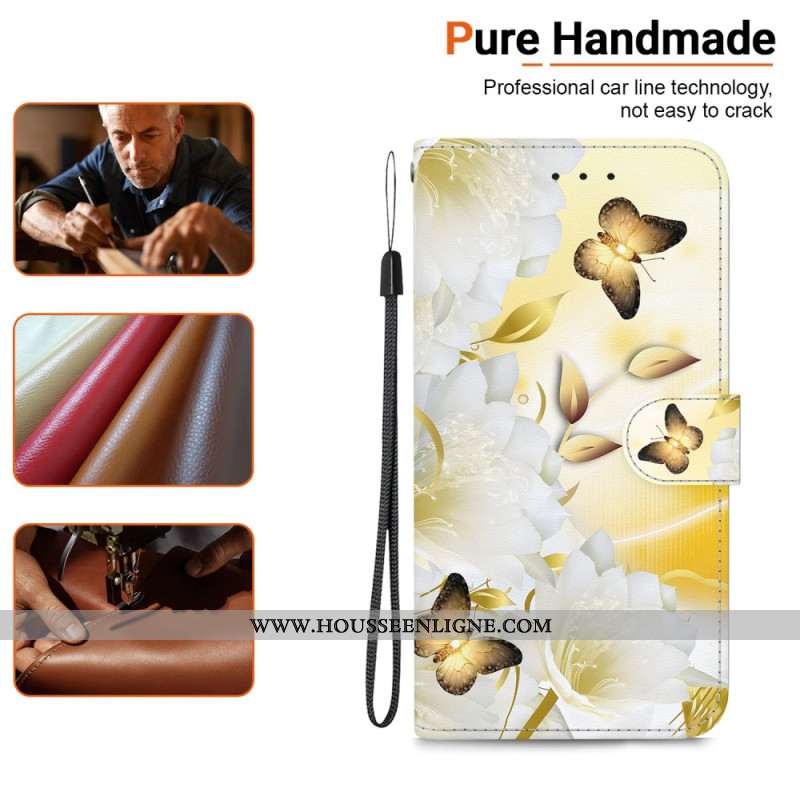 Housse iPhone 16 Plus Papillons Dorés et Fleurs Blanches à Lanière