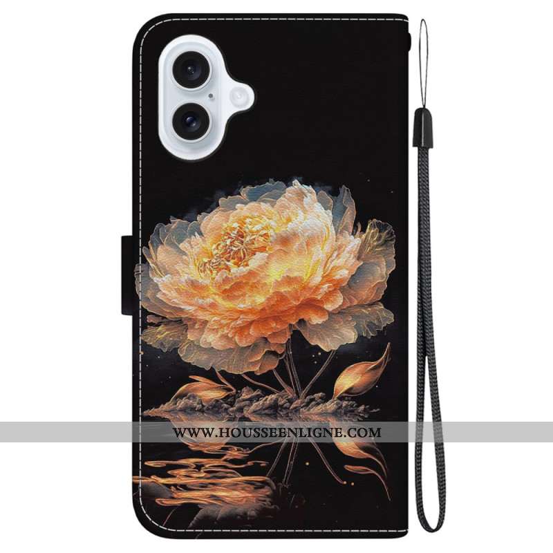 Housse iPhone 16 Plus Pivoine Dorée à Lanière