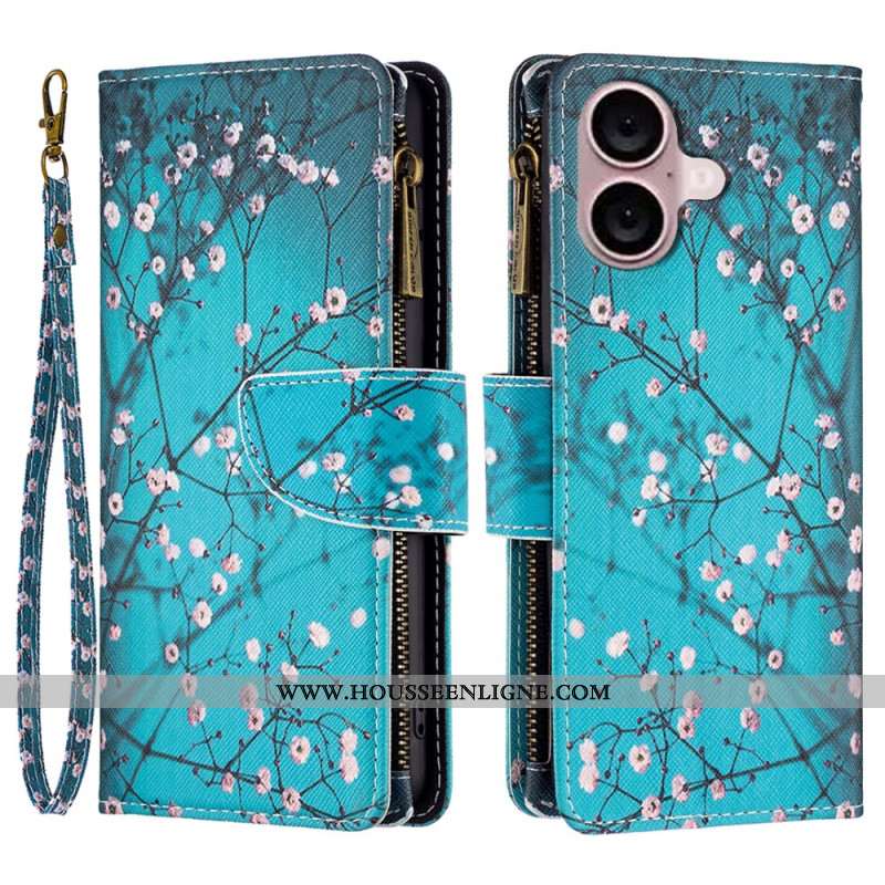 Housse iPhone 16 Plus Portefeuille Fleur de Prunier à Lanière