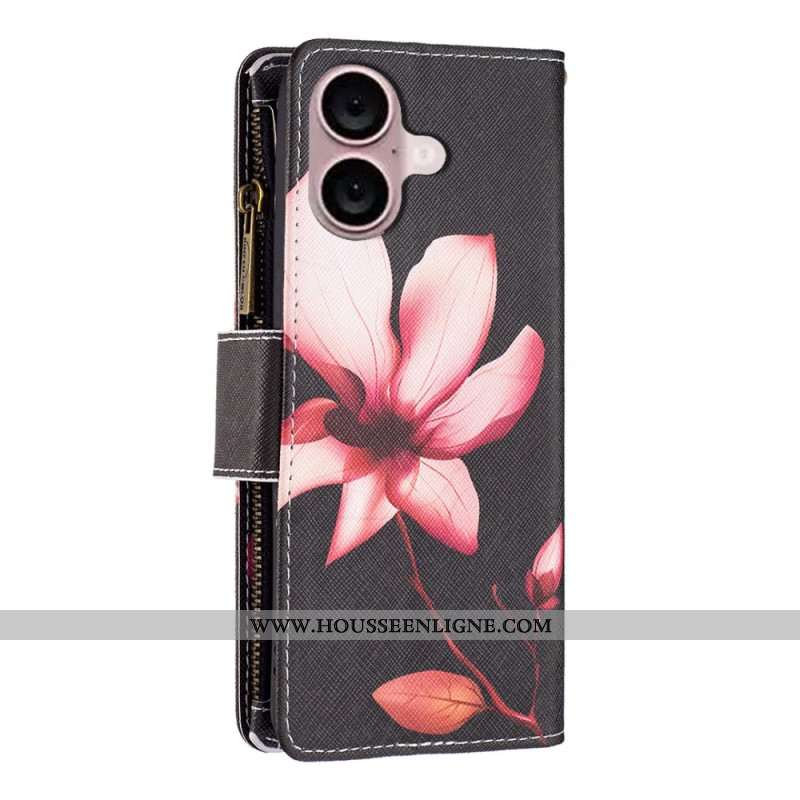 Housse iPhone 16 Plus Portefeuille Lotus à Lanière