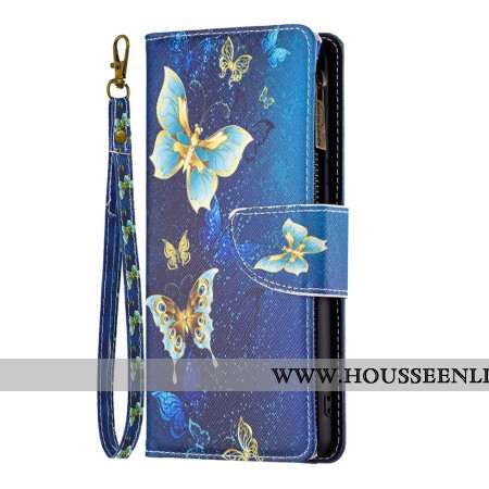 Housse iPhone 16 Plus Portefeuille Papillons Dorés à Lanière