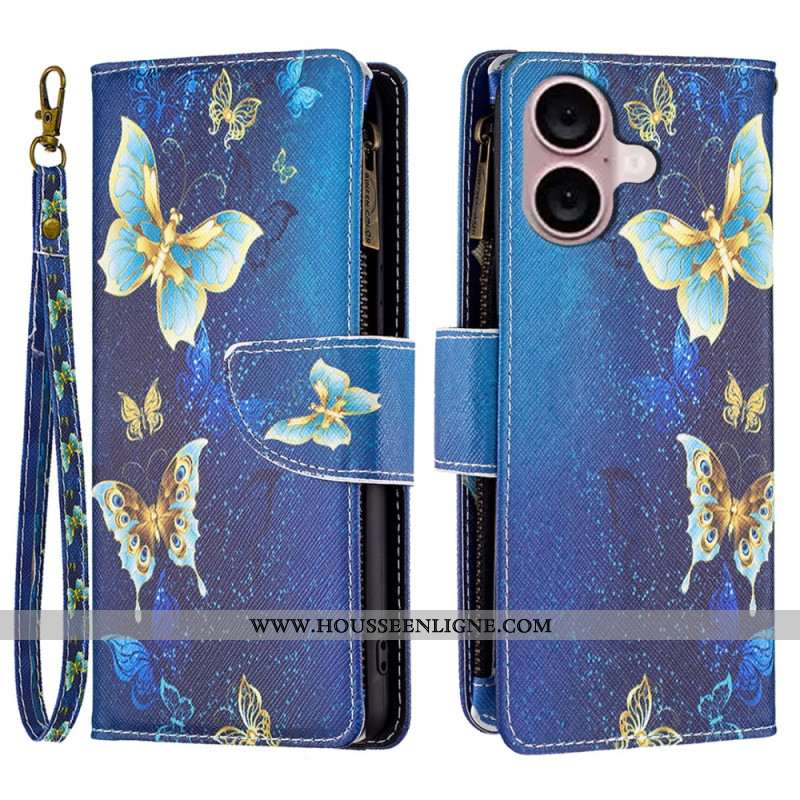 Housse iPhone 16 Plus Portefeuille Papillons Dorés à Lanière