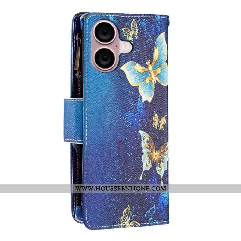 Housse iPhone 16 Plus Portefeuille Papillons Dorés à Lanière