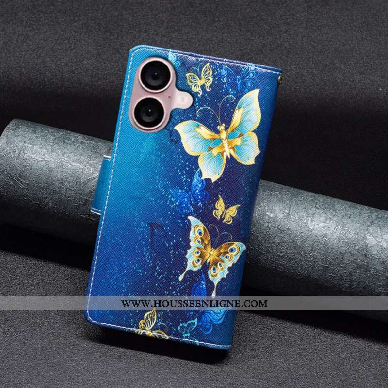 Housse iPhone 16 Plus Portefeuille Papillons Dorés à Lanière