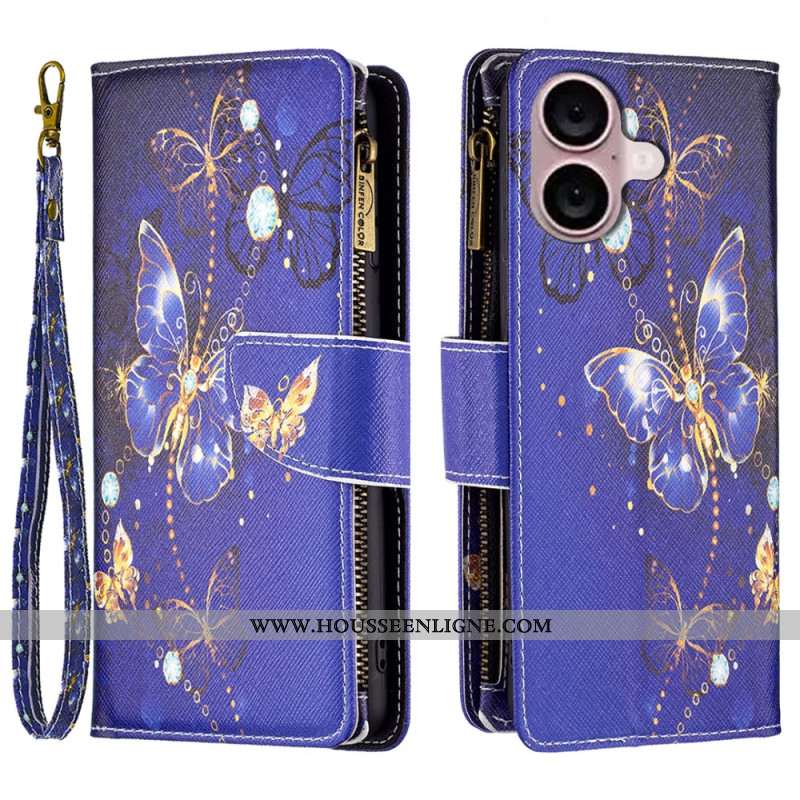 Housse iPhone 16 Plus Portefeuille Papillons Violets à Lanière