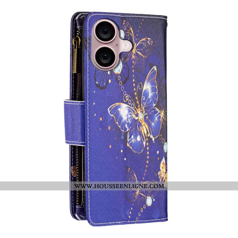 Housse iPhone 16 Plus Portefeuille Papillons Violets à Lanière