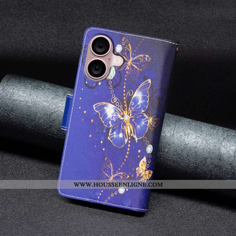 Housse iPhone 16 Plus Portefeuille Papillons Violets à Lanière