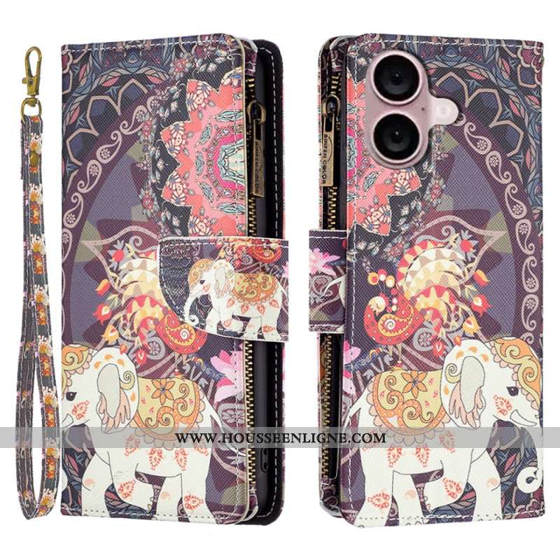 Housse iPhone 16 Plus Portefeuille Éléphant Tribal à Lanière