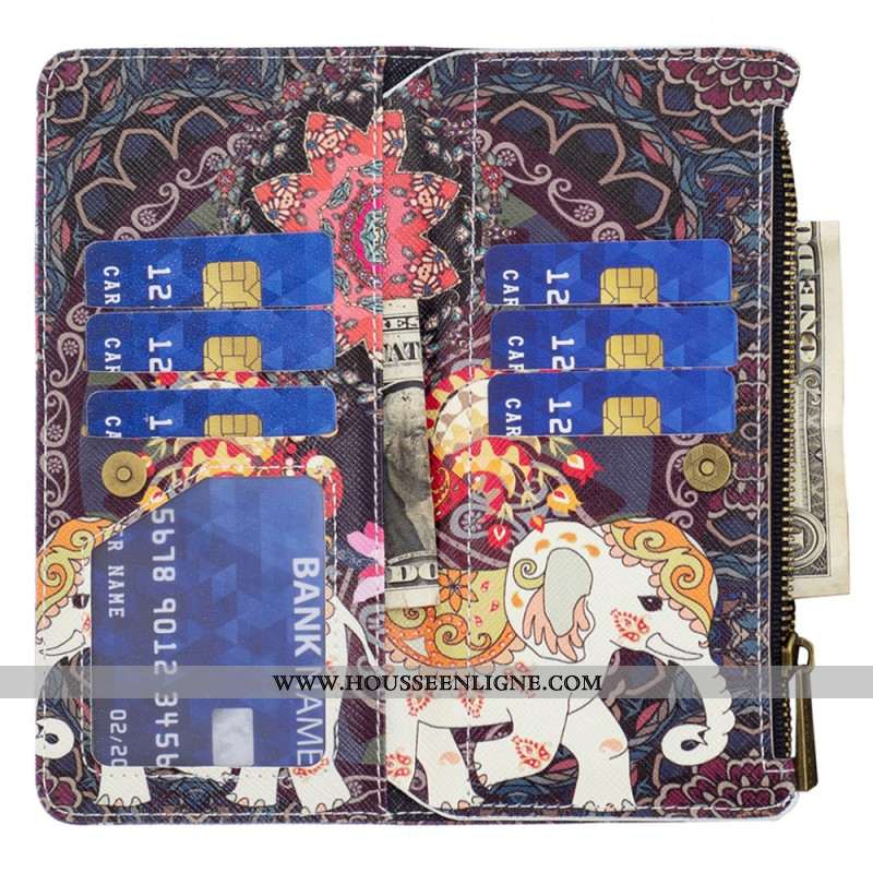 Housse iPhone 16 Plus Portefeuille Éléphant Tribal à Lanière