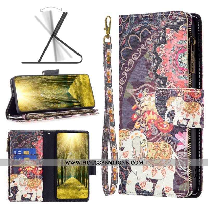 Housse iPhone 16 Plus Portefeuille Éléphant Tribal à Lanière