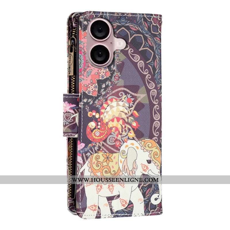 Housse iPhone 16 Plus Portefeuille Éléphant Tribal à Lanière